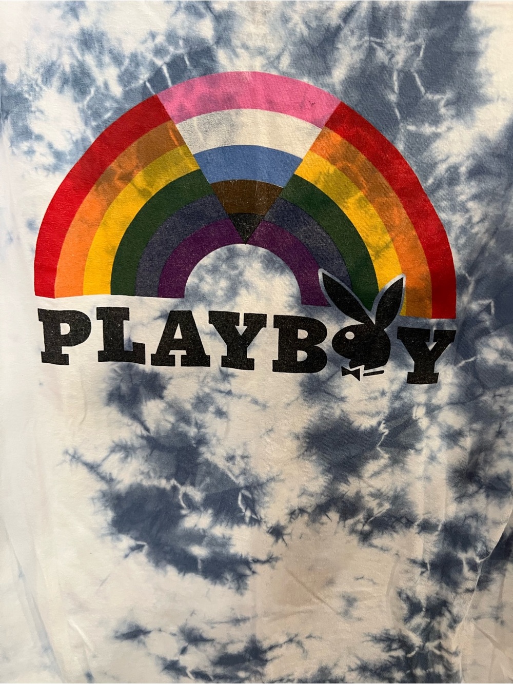 PLAYBOY Blue and White Tie-Dye Tee with Black Logo